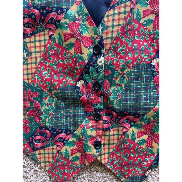 Vintage VTG Sostanza Christmas Holiday Holly Floral Plaid Vest Small/Medium - Picture 5 of 11